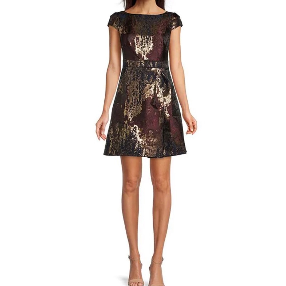 Cap Sleeve Boat Neck V-Back A-line Foil Detailed Dress